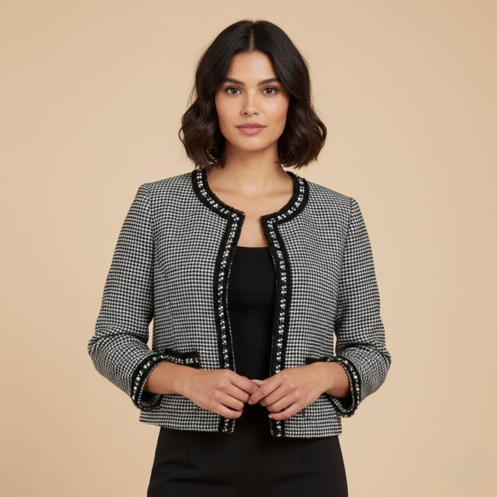 Tahari Womens Xsmall Cropped Tweed Houndstooth Blazer